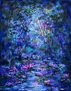 庭園 Painting - 青い木紫色の花庭の装飾風景壁アート自然風景
